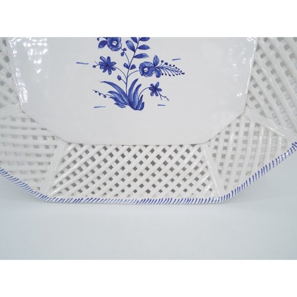 Vintage Hand Painted Blue and White Floral Platter Reticulated Lattice Portugal - Picture 5 of 11